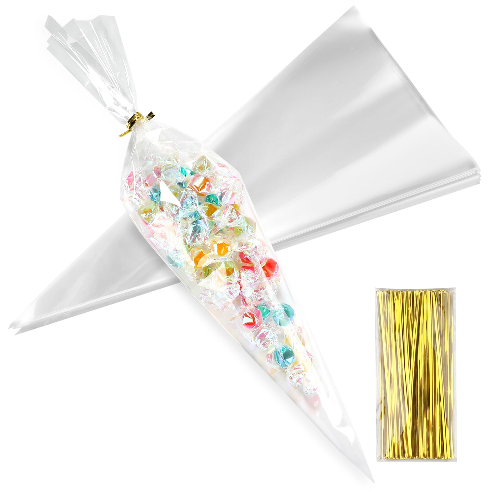 100-Pack Cone Shaped Treat Bags 7x15 Inch - Clear Cellophane Popcorn Bags With Twist Ties