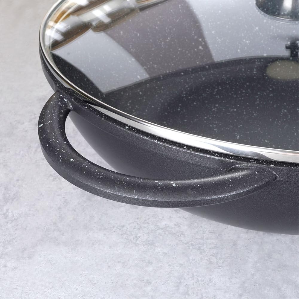 orion group Grande patelnia wok 32 cm ze szklaną pokrywką, powłoka granitowa, nieprzywierająca, indukcyjna, nadaje się do mycia w zmywarce, nie zawiera PFOA, do wszystkich rodzajów kuchenek, czarna