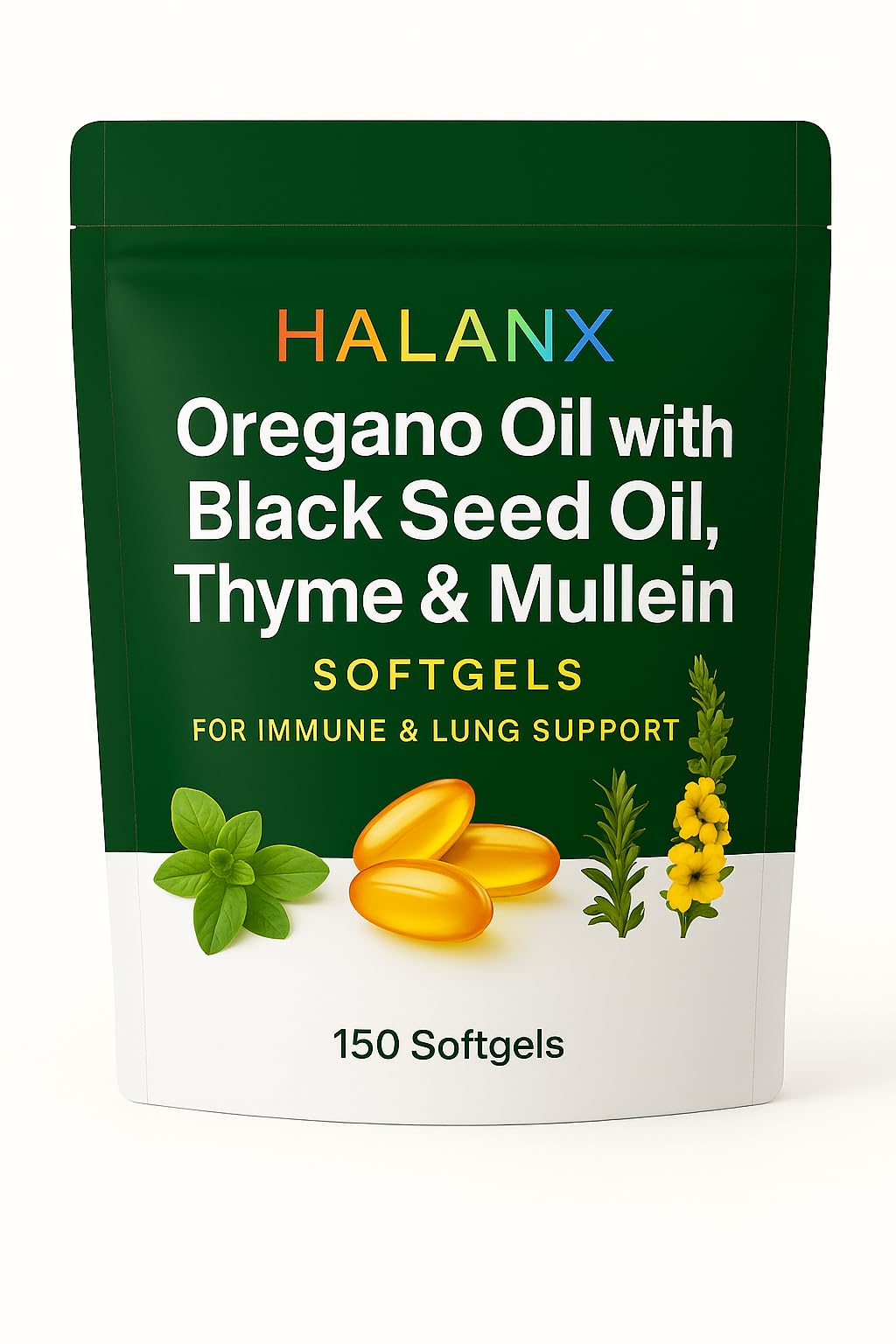 Halanx Suplemento de óleo de orégano com óleo de semente preta, tomilho e verbasco, 150 cápsulas softgel