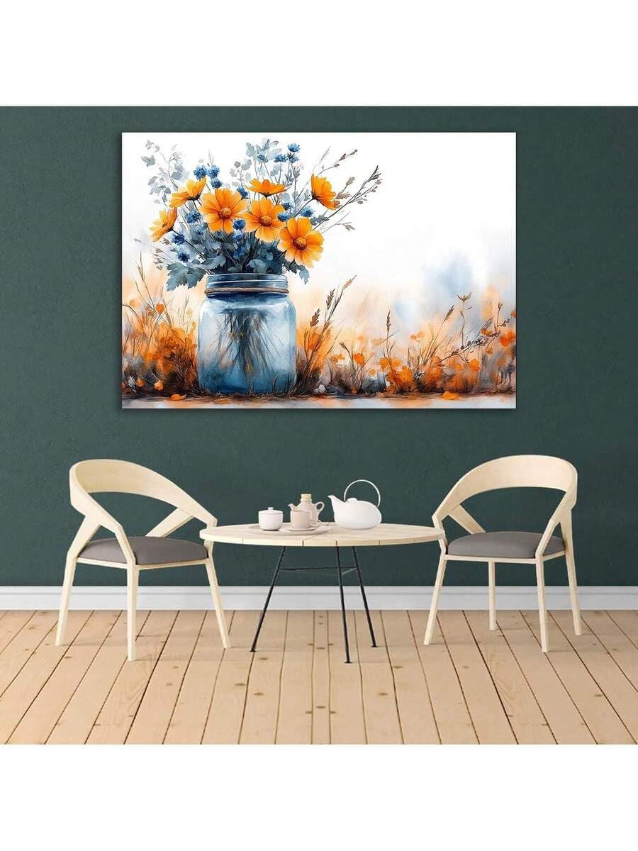 lianyibo Abstrakcyjny obraz na płótnie z bukietem kwiatów, niebieski kwiatowy obraz w wazonie, nowoczesne rustykalne plakaty botaniczne do dekoracji wnętrz (70x100 cm/bez ramki)