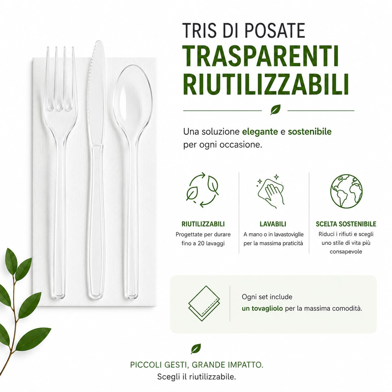 Kit Tris Posate Trasparenti Riutilizzabili con Tovagliolo, Forchetta, Coltello e Cucchiaio con Tovagliolo Monouso, Set Posate per Catering, Eventi, Ristoranti, Feste e Asporto 500 pz