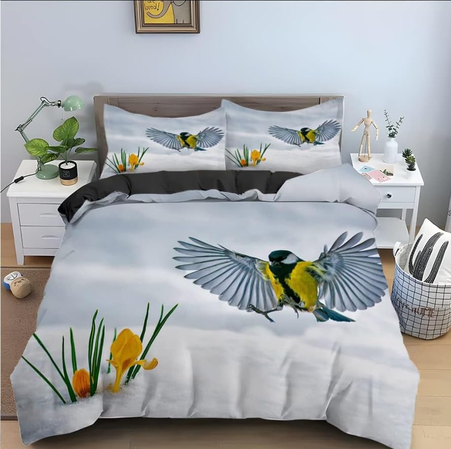 Housse de couette 220x240 imprimé oiseau 3D avec 2 taies d'oreiller