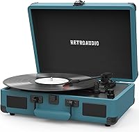 Vista 9 de Reproductor de discos de vinilo RetroAudio de 3 velocidades Bluetooth portátil de maleta, tocadiscos de correa, con 2 bocinas estéreo integradas
