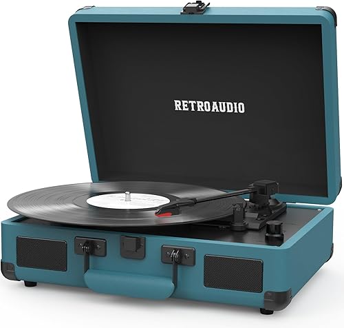Miniatura 9 de Reproductor de discos de vinilo RetroAudio de 3 velocidades Bluetooth portátil de maleta, tocadiscos de correa, con 2 bocinas estéreo integradas,