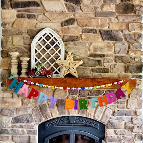 image for KUQJJQU Pre-Strung Happy Birthday Banner - Felt Ball Garland, Rainbow 