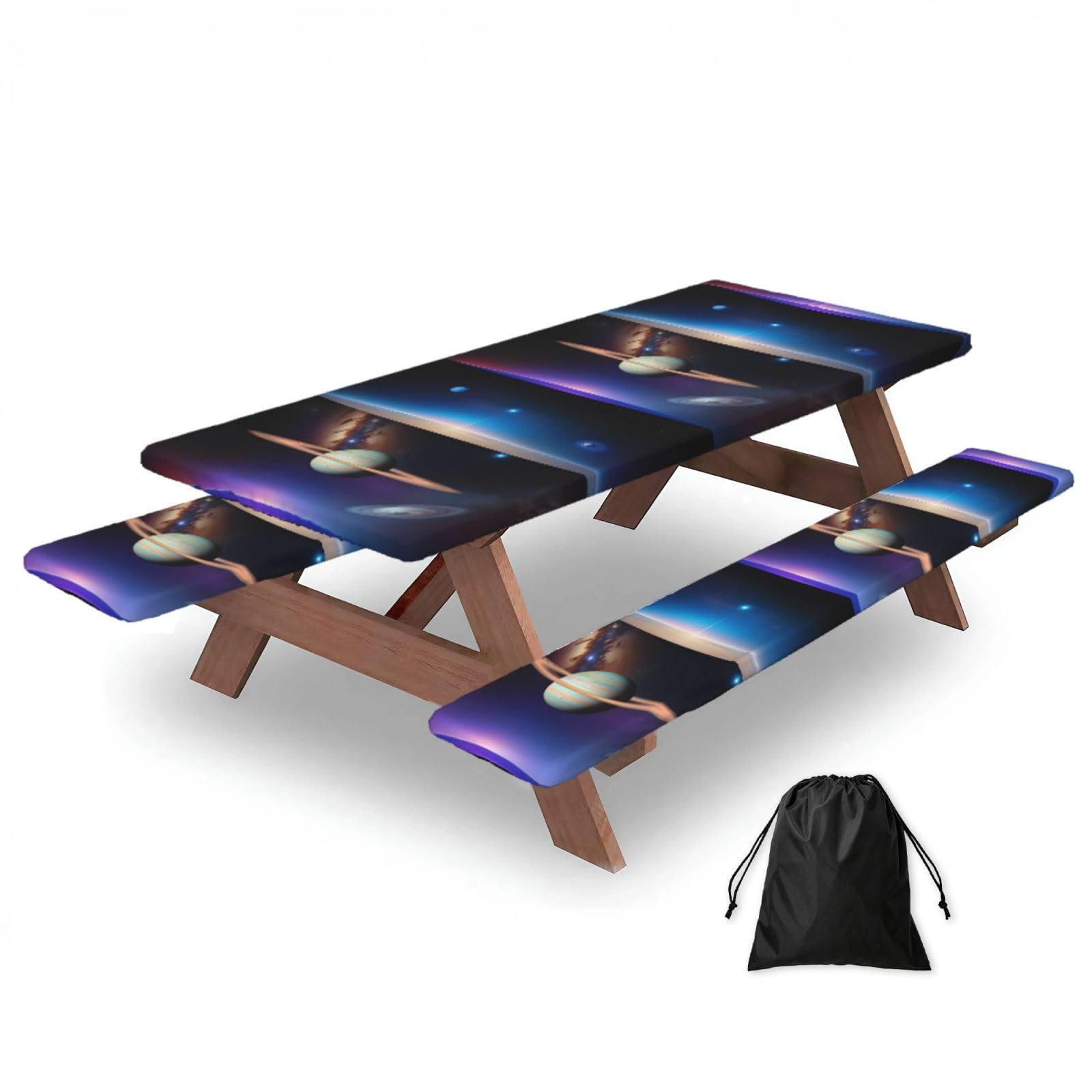 Erwqavc Black Cosmic Saturn Print Picnic Table Cover & Bench Covers 3-Pack Set, Elastic Tablecloths For 6 Ft Rectangle Tables