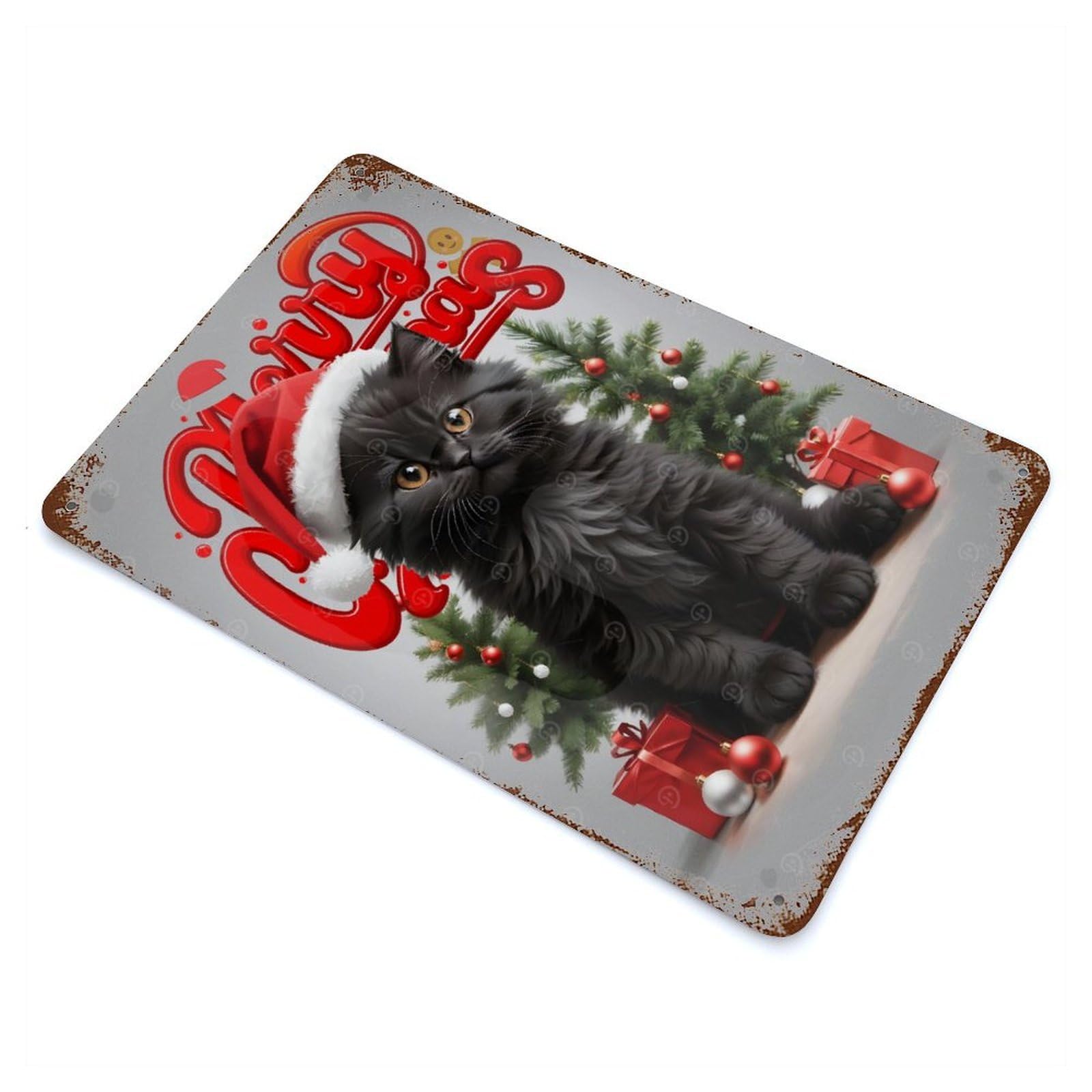 Black Cat Merry Christmas Decorative Tin Sign 11.8"x7.9", Retro Wall Decor for Basement, Hobby Room And Garage Decor