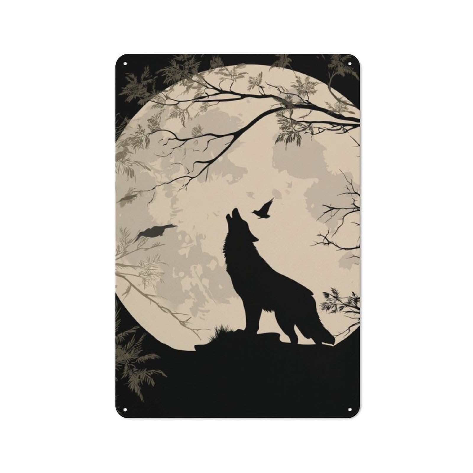 Junmoney Wolf Moon Night-2 Garden Style Tin Sign 30X20cm, Porch Wall Decor For Patio Bar, Workshop, Shed Or Kitchen