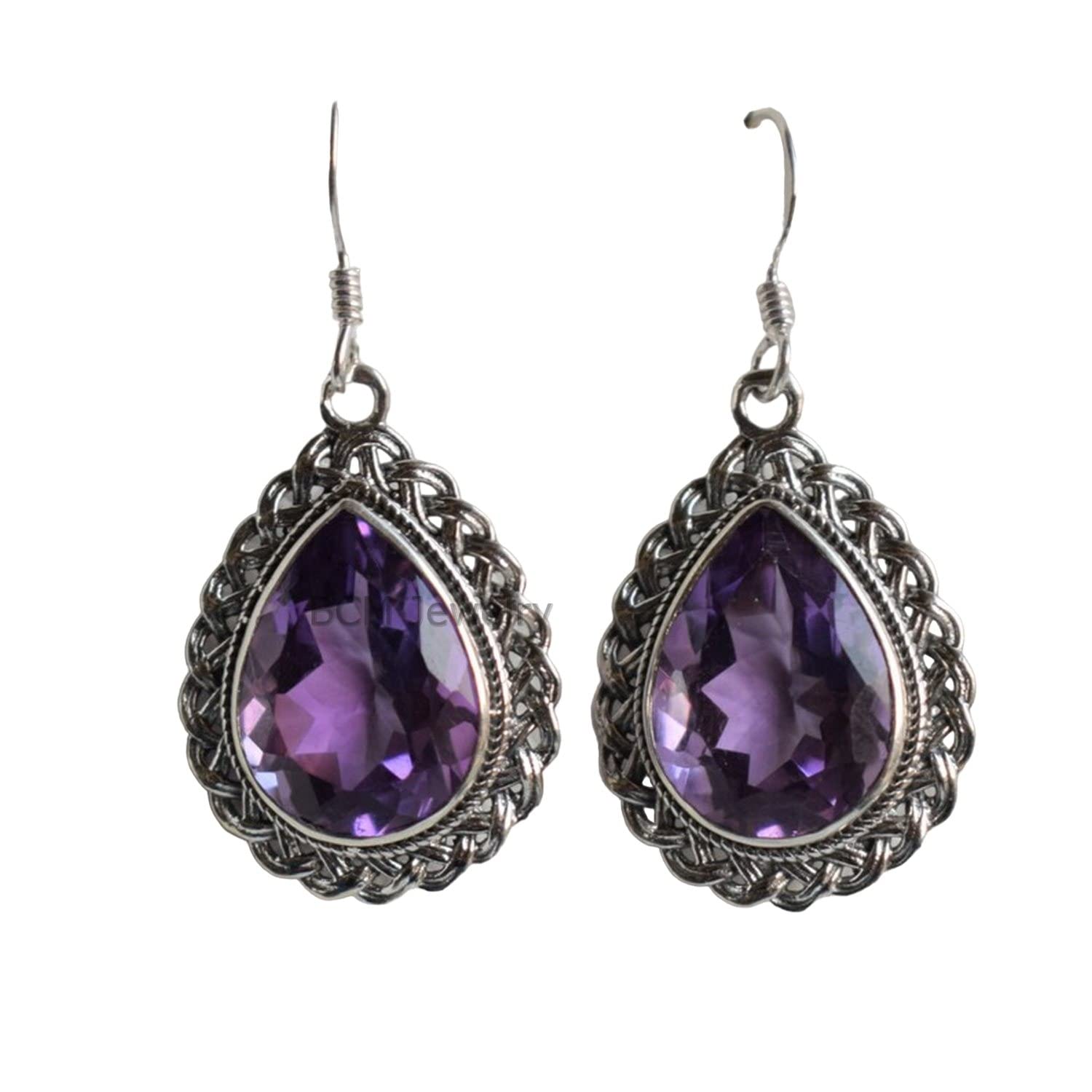 Pendientes colgantes de plata de ley para mujeres y niñas, piedra preciosa de amatista púrpura genuina, regalo de Navidad único, pendientes hechos a mano