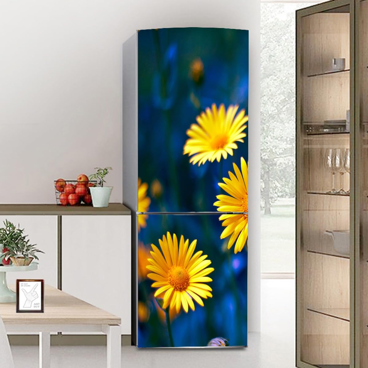 Fridge Sticker, Fridge Sticker Full Covering Door Covers Decor, Freezer Skins Wall Stickers for Kitchen Decal, Yellow Wild Chrysanthemum(M: 60x180 cm)