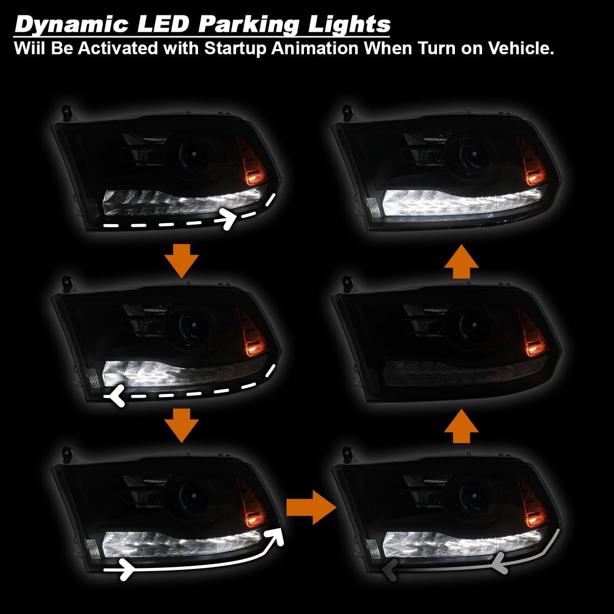 SPEC-D TUNING LED Black Smoke Projector Headlights w/Switchback and Sequential Turn Signals Compatible with 2009-2018 Dodge RAM 1500/2500 / 3500, 2019-2024 RAM 1500 Classic, Left + Right Pair