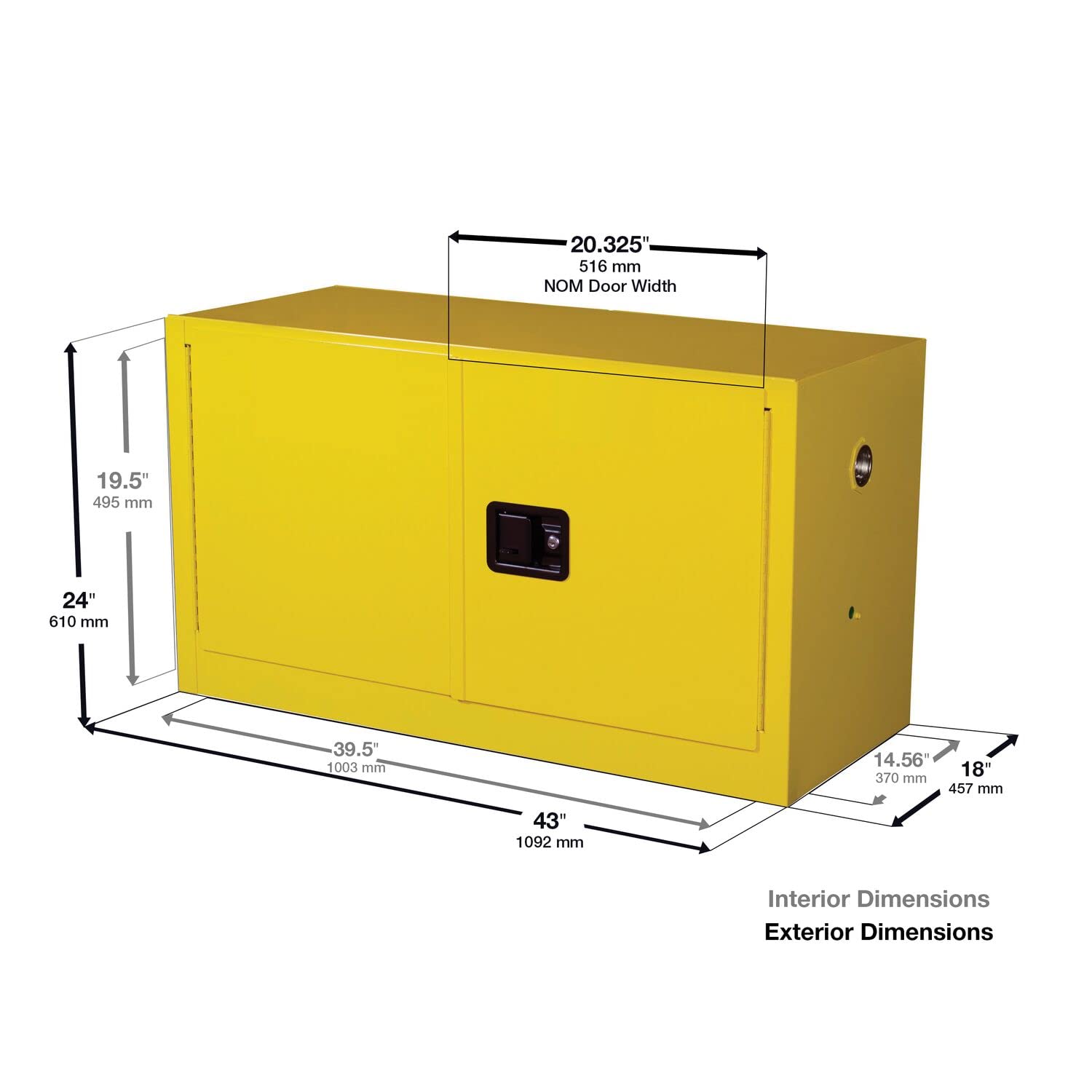 Justrite 891720 Sure-Grip EX Galvanized Steel 2 Door Self Close Piggyback Safety Cabinet, 17 Gallon Capacity, 43" Width x 24" Height x 18" Depth, 1 Adjustable Shelfs, Yellow: Science Lab Safety Storage Cabinets: Industrial & Scientific