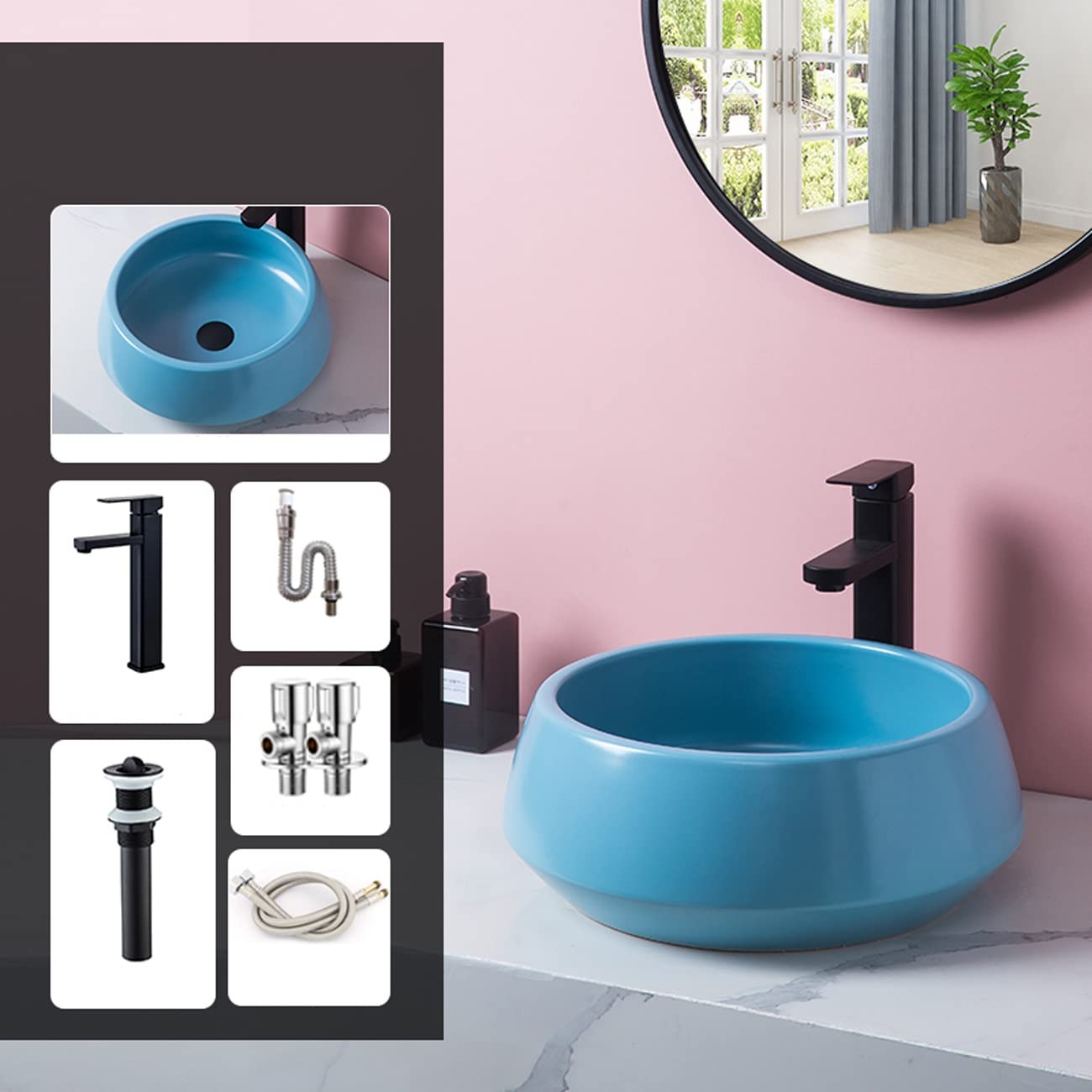 Okrągła Umywalka Łazienkowa Nablatowa, Minimalistyczna Porcelanowa Umywalka Artystyczna Z Czarnym Kranem I Odpływem, Ceramiczna Umywalka Nablatowa Artystyczna, Niebieska,Blue