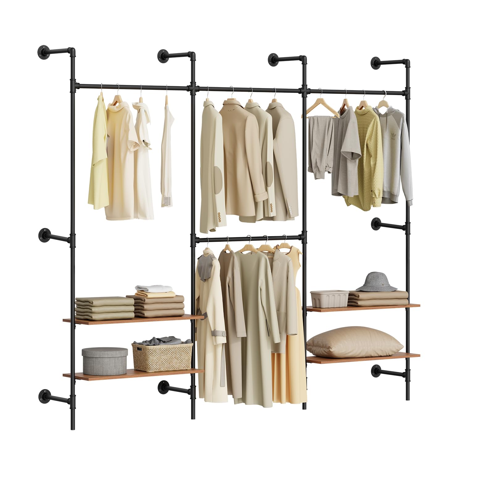 SoBuy Telescopic Clothes Rail, Wall-Mounted Clothes Rack, Open Wardrobe with 4 Hanging Rails & 4 Shelves, Heavy Duty Garment Rack Storage Organiser for Bedroom, Black 265x48x220 cm KLS19-SCH