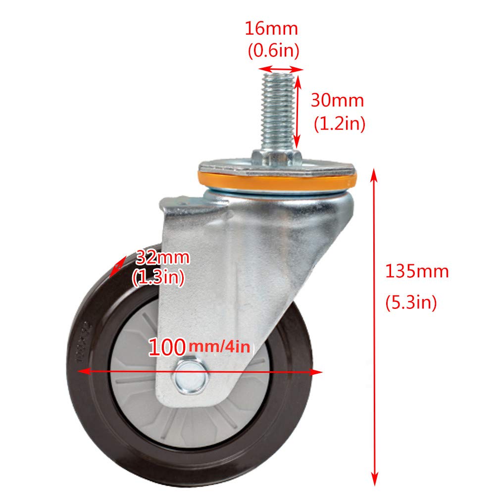 4 Roulettes Pivotantes en Caoutchouc,Roulettes de Meubles avec Tige Filetée,Lourd Double Roue de Blocage,100MM,Silencieux,Remplacement pour Chariots Table de Travail (M16,4Universel)
