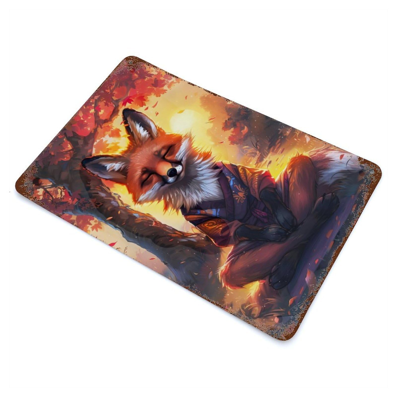 Zen Meditating Fox Distressed Metal Wall Sign 11.8"x7.9", Rustic Home Decor for Farmhouse, Kitchen And Entryway Decor