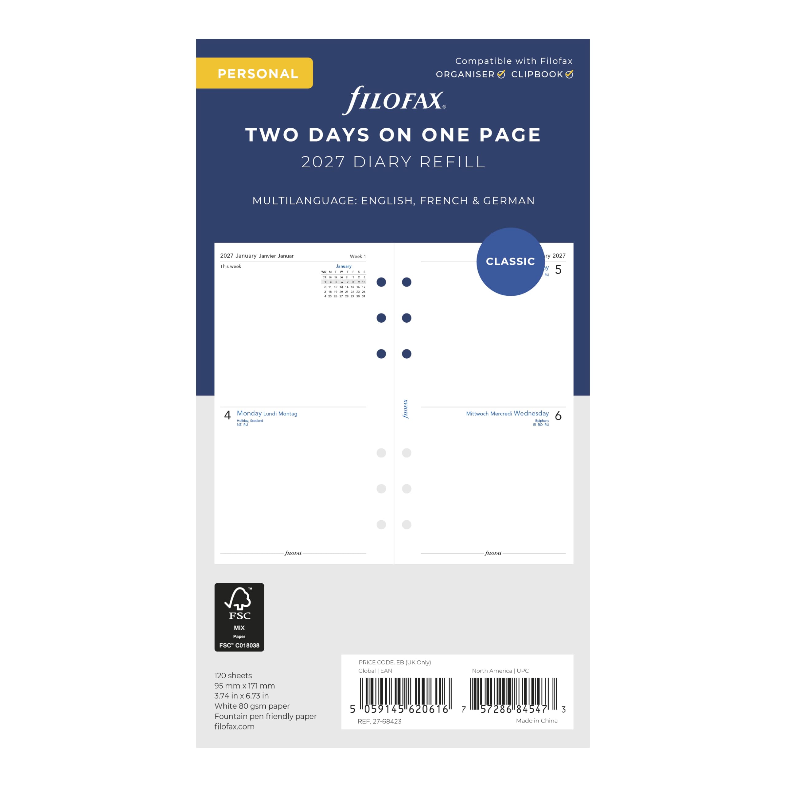 Filofax Recharge pour agenda 2027 format personnel/compact, deux jours sur une page, papier blanc, non ligné, trilingue (C68423-27)