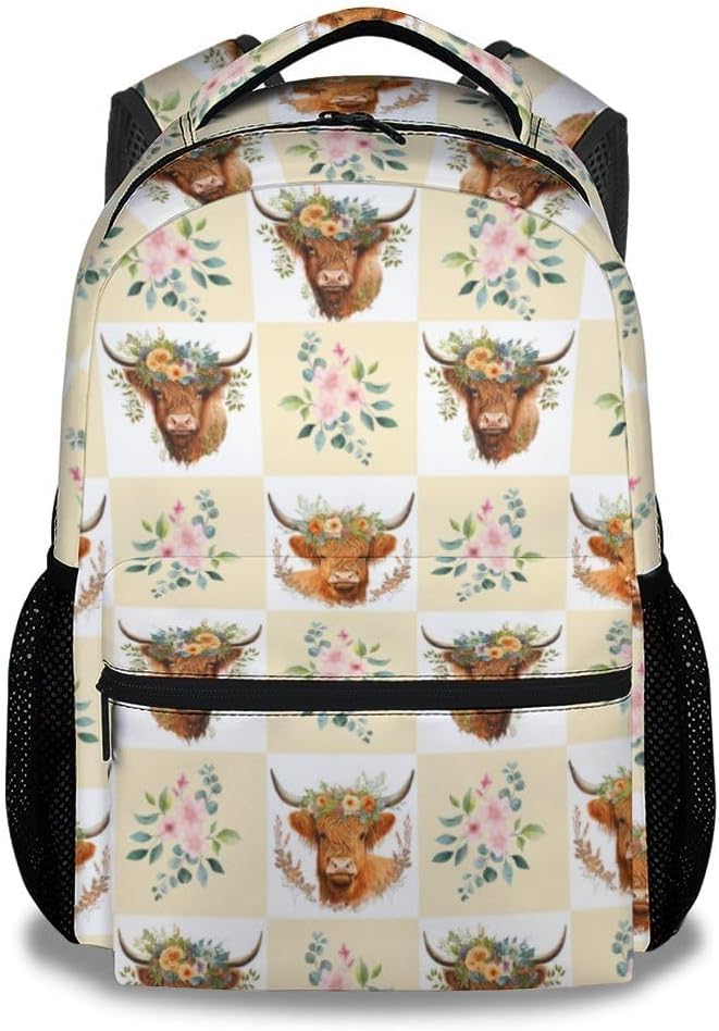 Highland Cow School Backpack for Boys Girls - 16 Inch Backpacks for Kids 6-12 Years - Cute Lightweight Bookbag for Travel