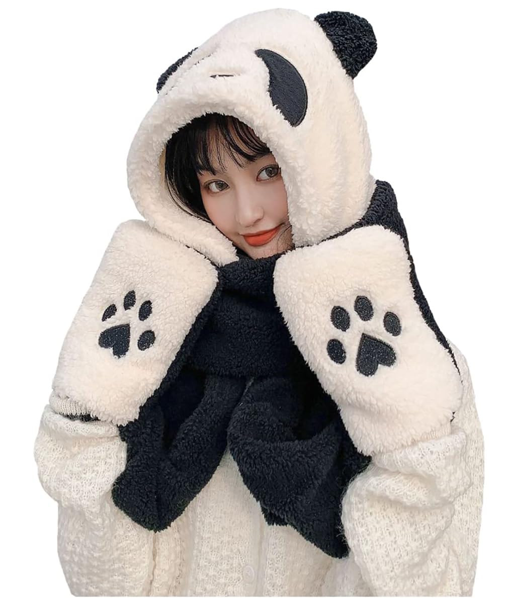 WVHTHVWWomen Girls Cute Animal Winter Hats,3 in 1 Warm Plush Hoodie Cap Paw Gloves Mitten Scarf Set