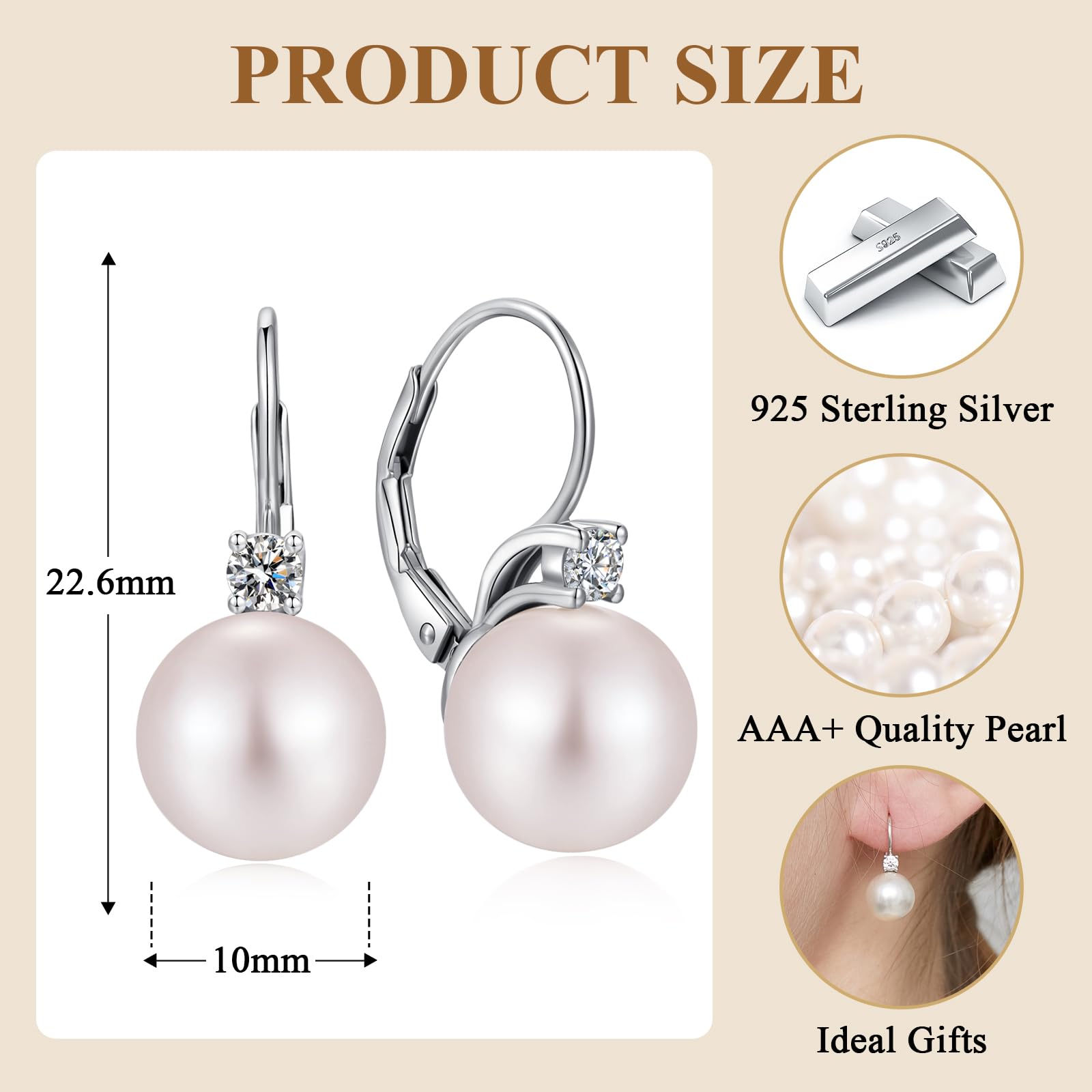 Orecchini Perle Argento Sterling 925 Orecchini Perle per Donna Perla Gioielli Regali Perla 8-10 mm