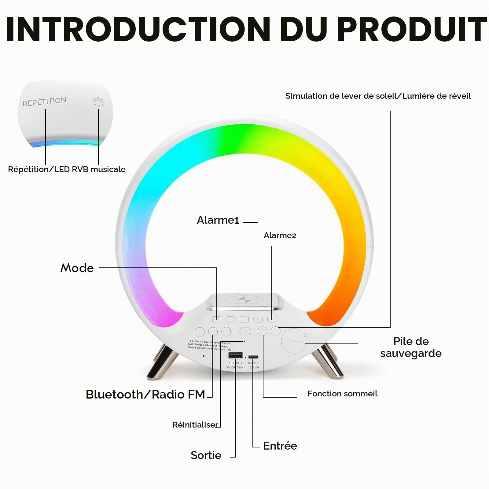 Cuteefun Réveil Lumineux, 15W Chargeur sans FI, Reveil Radio | Reveil Simulateur D'Aube avec Haut-Parleur Bluetooth, Deux Alarmes, Lampe de Chevet Réglable en Plus de 10 Couleurs