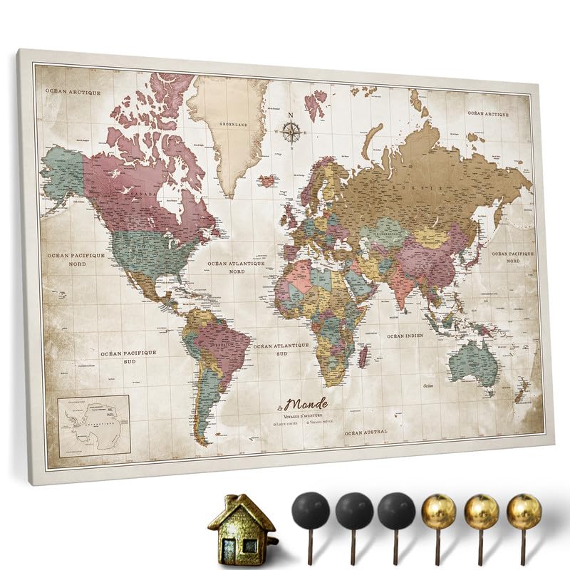 Carte du monde en toile avec tableau d'affichage en liège - Labels en Français - Décoration murale décorative pour toutes les pièces - Tableaux sur toile (90x60 cm,...