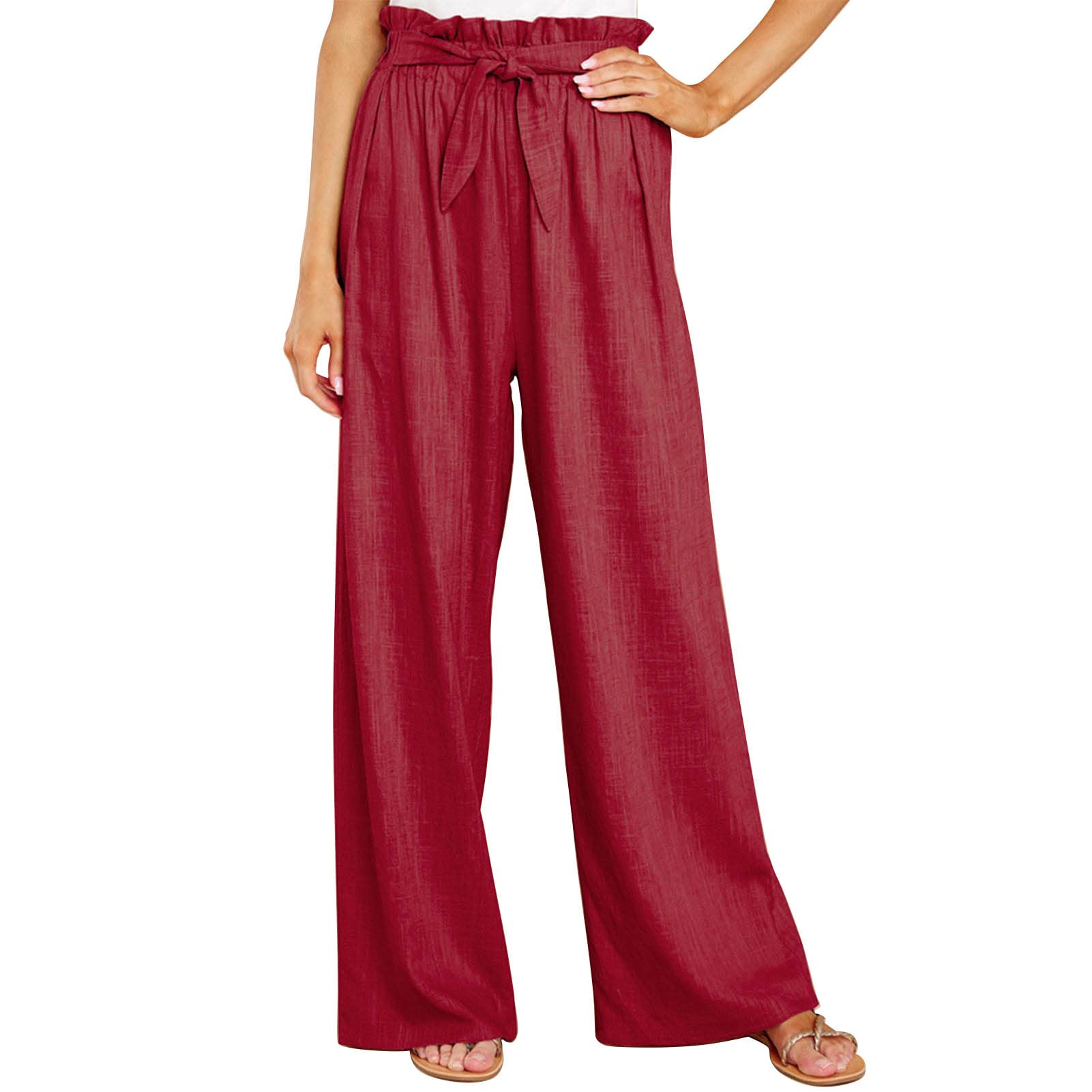 Cocoarm Women Wide Leg Casual Pants Elegant Long Lounge Palazzo with Belt Straight Loose m-Wine red