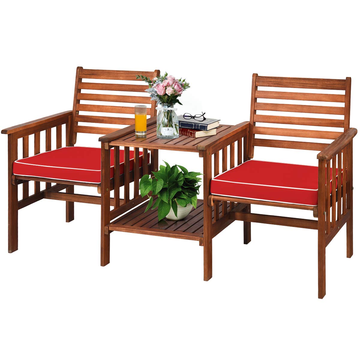 GOPLUS Gartenbank mit Tisch, 2 Sitzer Holzbank mit Schirmloch & Sitzkissen, Sitzbank Outdoor aus Akazienholz, Balkon Bank wetterfest für Garten Hof Terrasse (Braun+Rot)