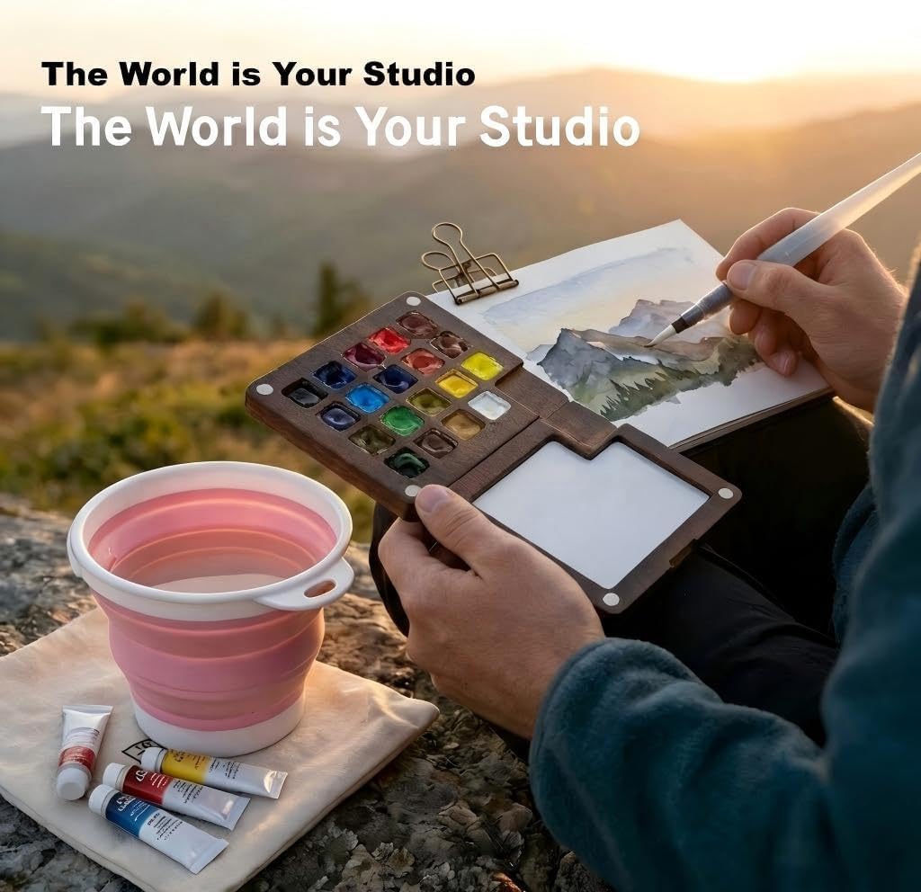 Mini Black Walnut Watercolor Travel Set: Portable Modular Kit with 24 Pro Colors, Canvas Tool Bag, 300gsm Sketchbook, Collapsible Cup & Brass Clip - Luxury Gift for Urban Sketching & Plein Air