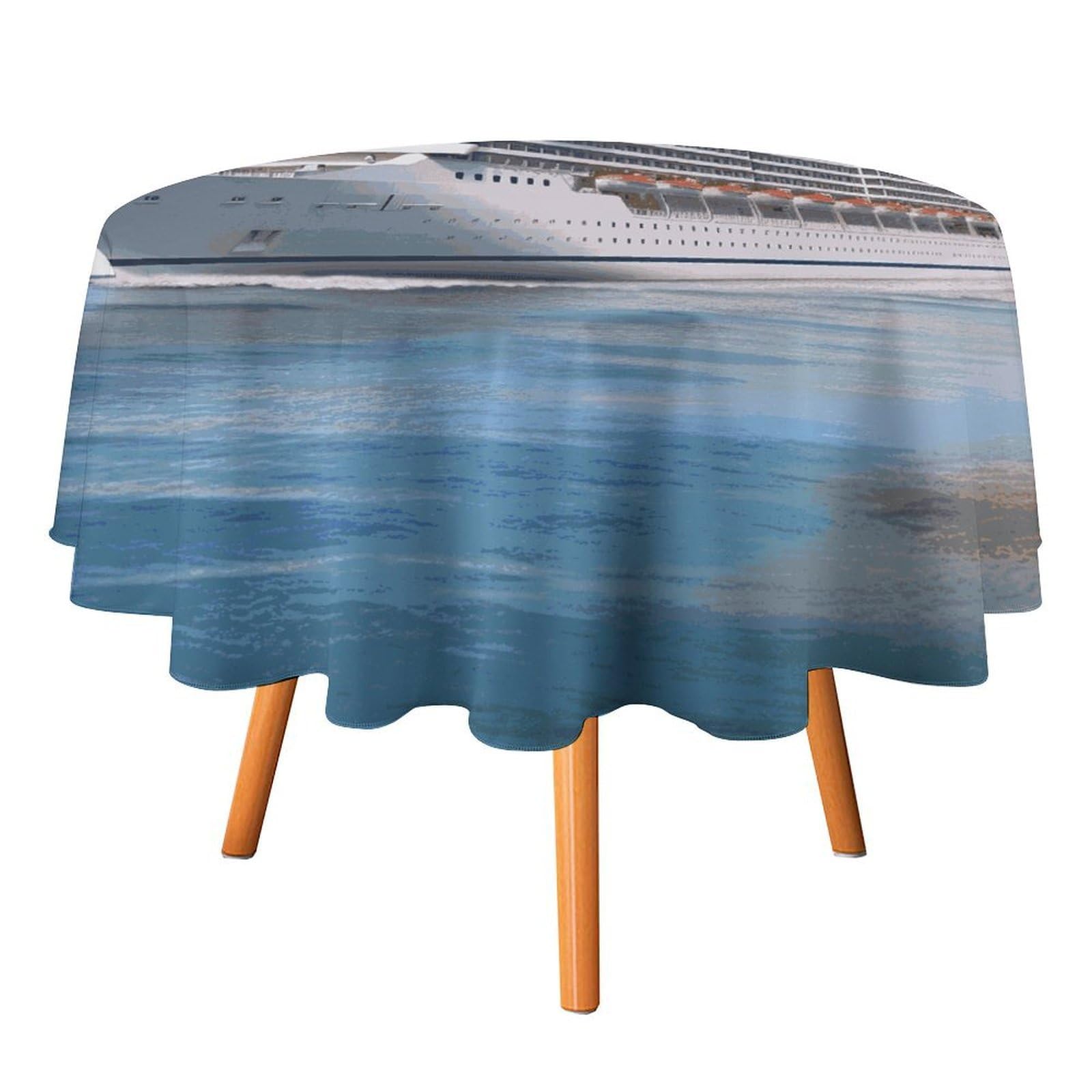 SMAZDFXX Seaside Cruise Ship Tablecloth 70x70in Round Table Cloth Durable Polyester, Washable Stain Resistant Table Cover for Indoor Outdoor (Picnic, Dining, Party)