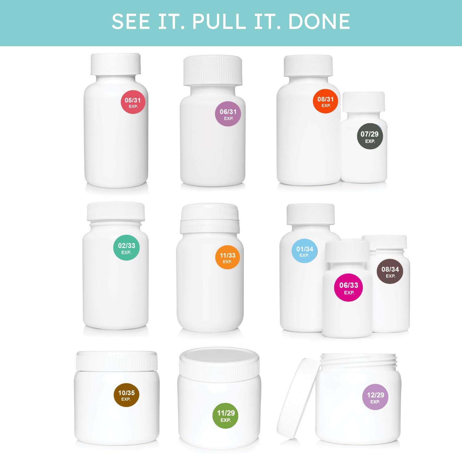 The Organized Pharmacy Expiration Dates Stickers System - See. Pull. Done. 3 Year Supply - 480 Color Coded Pharmacy Inventory, Chemistry & Food Expiration Date Management Labels Stickers (2023-2027)