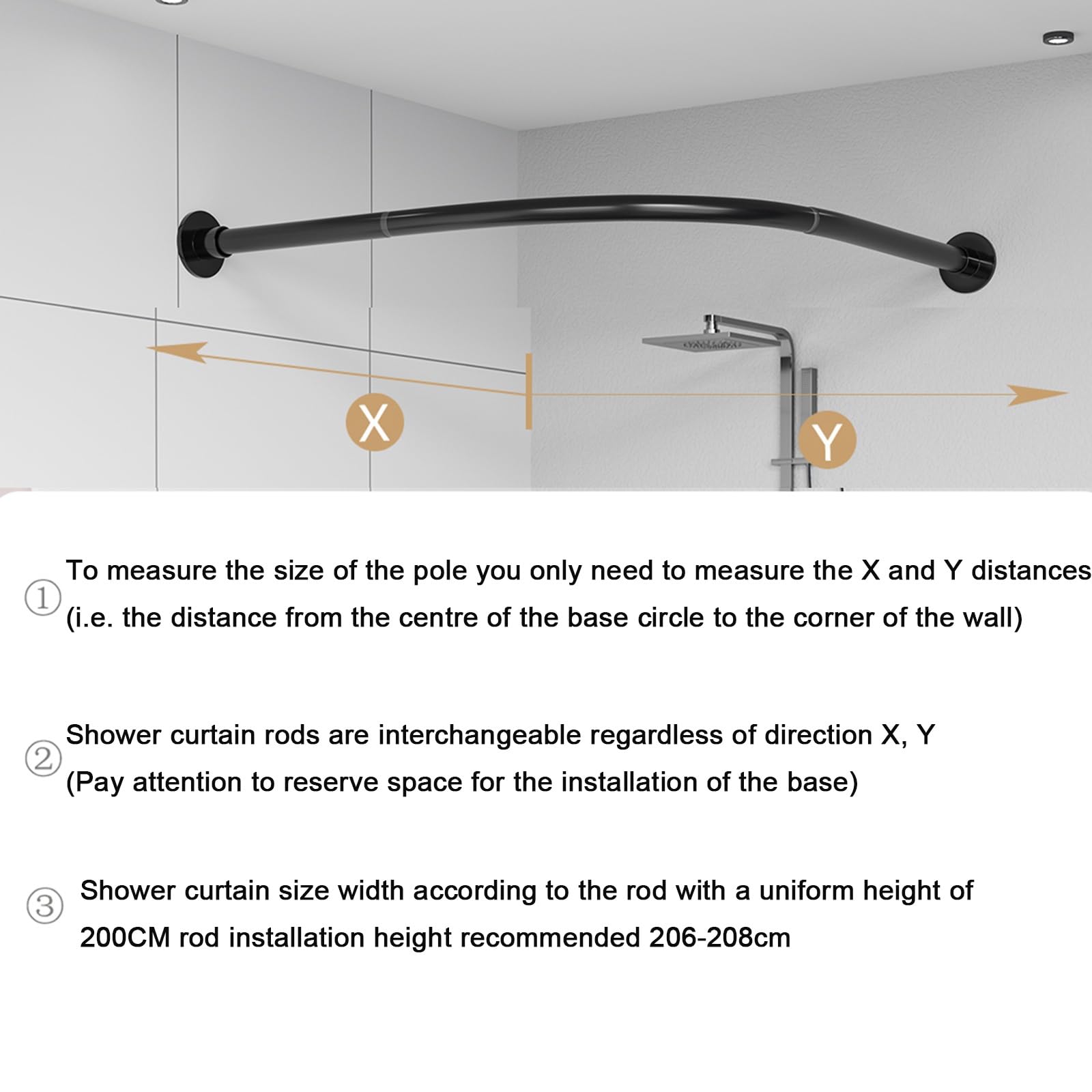 Barra de cortina de ducha de esquina ajustable – Barra de ducha curvada montada en la pared (negro, 55-95 cm x 95-130 cm) con anillos y soporte de techo para bañeras, perfecta para baños
