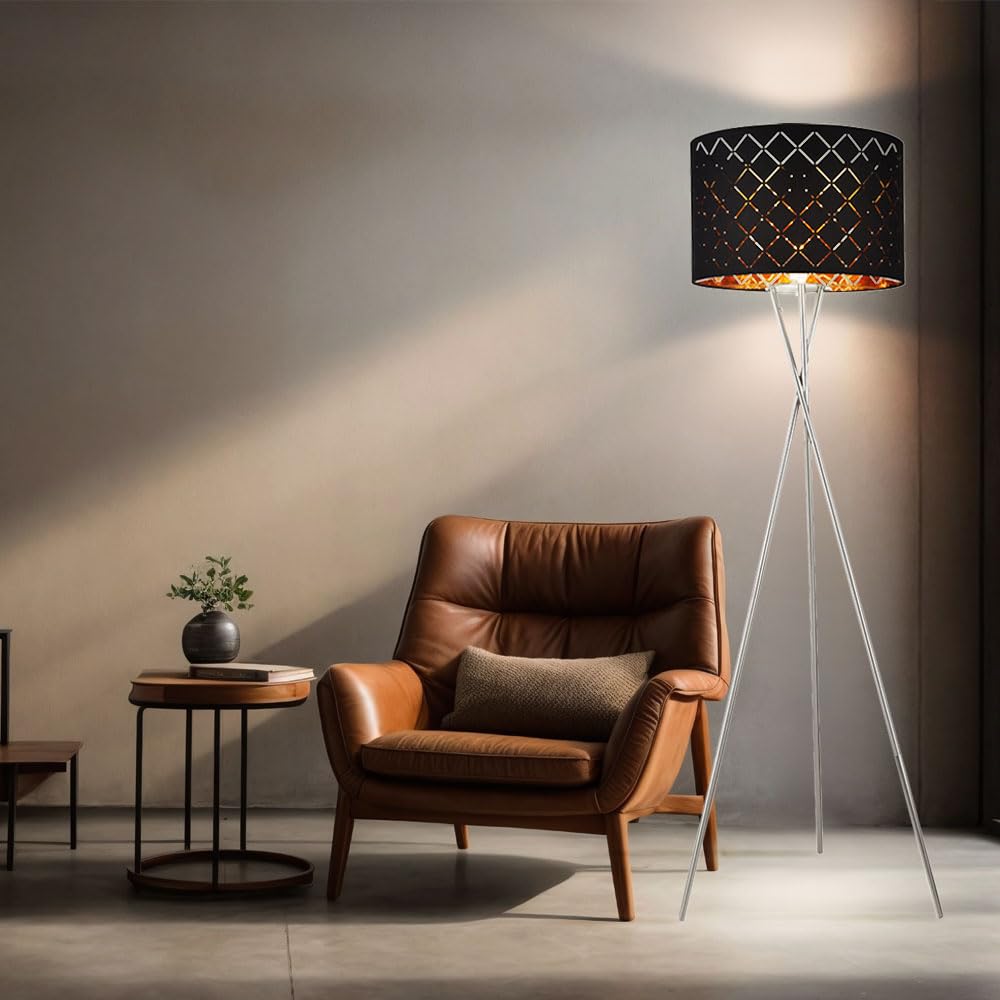 Stehlampe Textilschirm schwarz gold Beistellleuchte 3 Bein Stativleuchte mit Fernbedienung, dimmbar, Nickel matt, 1x RGB LED 8,5W 806Lm warmweiß, DxH 62x158 cm