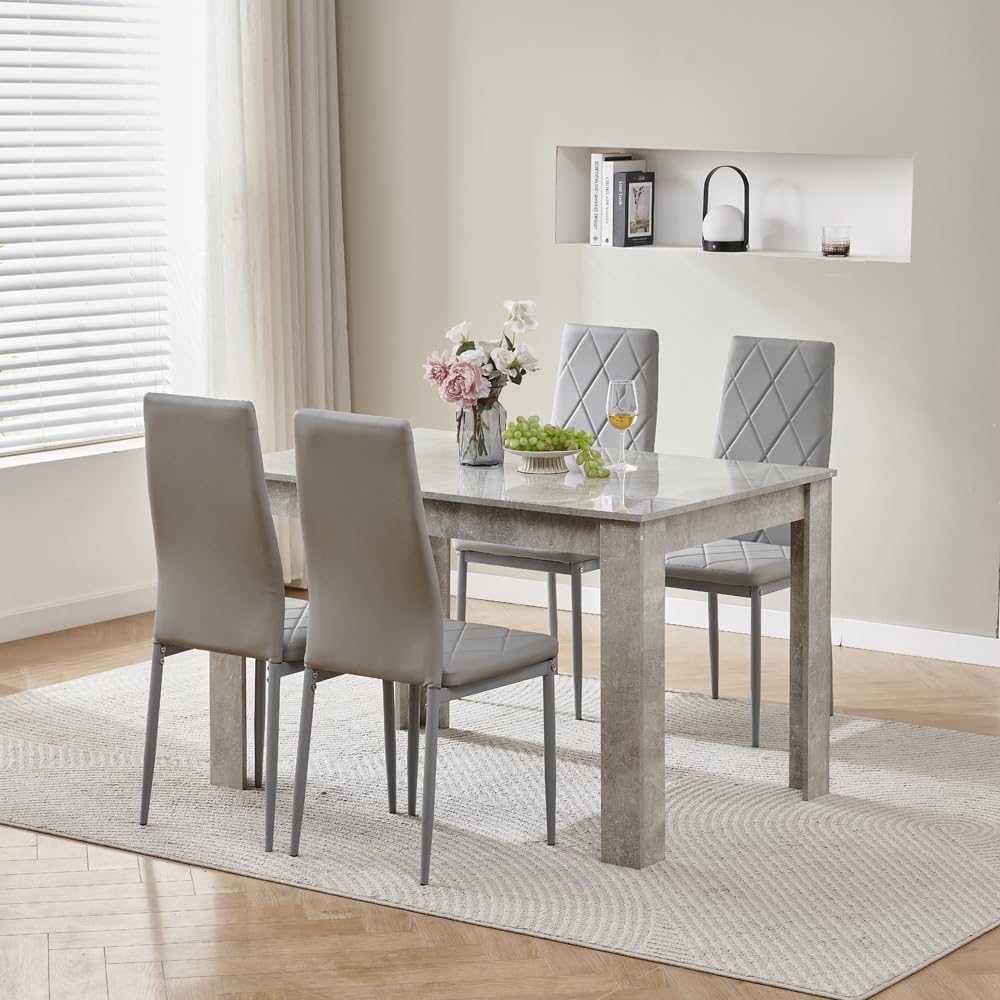 Homullel 120cm Glossing Dining Table and 4 Chairs, 4 Seater Kitchen Table and Chairs Set for Space Saving, Compact Dining Room Set for 4, 120x80 cm, Wooden, Beton Grey (4 Seaters, PU Gray#2)