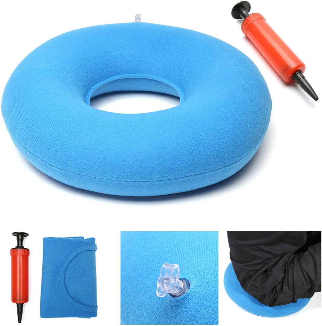 Cojín hinchable de anillo, cojín redondo de vinilo de goma, almohada de hemorroides médica, bomba gratis, cómoda almohada médica llagas de cama, ideal para sillas de ruedas, azul 34 x 12 x 9 cm