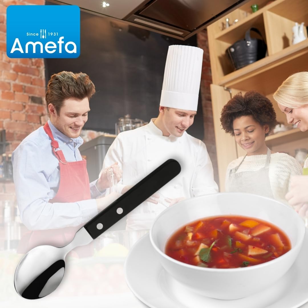 Amefa PIZZA 7000 - Set di cucchiai per pizza/bistecca per 6 persone, manico nero, in acciaio inox 18/0, lucidato e antiruggine, 2 manici rivettati in legno di Pakka, posate da bistecca, set di posate
