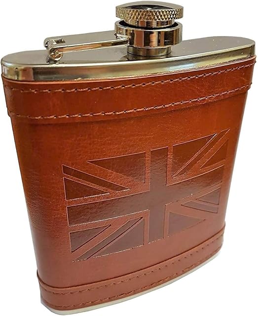 Stainless Steel Hip Flask with Union Jack Brown Leather Cover, British Collectable