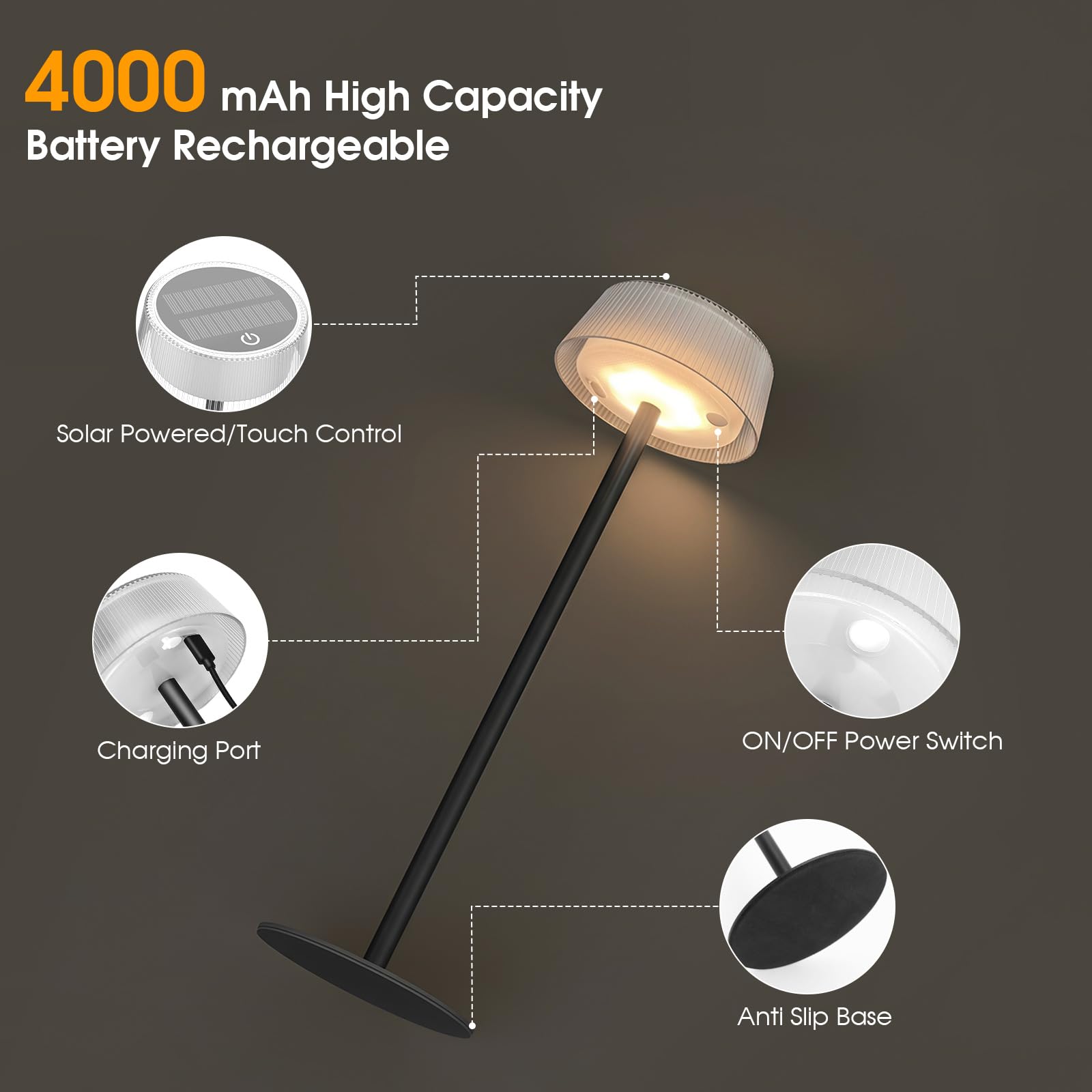 Lámpara de Mesa LED Inalámbrica 2 Piezas, Lamparas de Mesa Recargable con Batería 4000 mAh, Solar y USB-C, Regulable Táctil 3 Temperaturas, IP65 Lámpara Solar Exterior Terraza Jardín Dormitorio