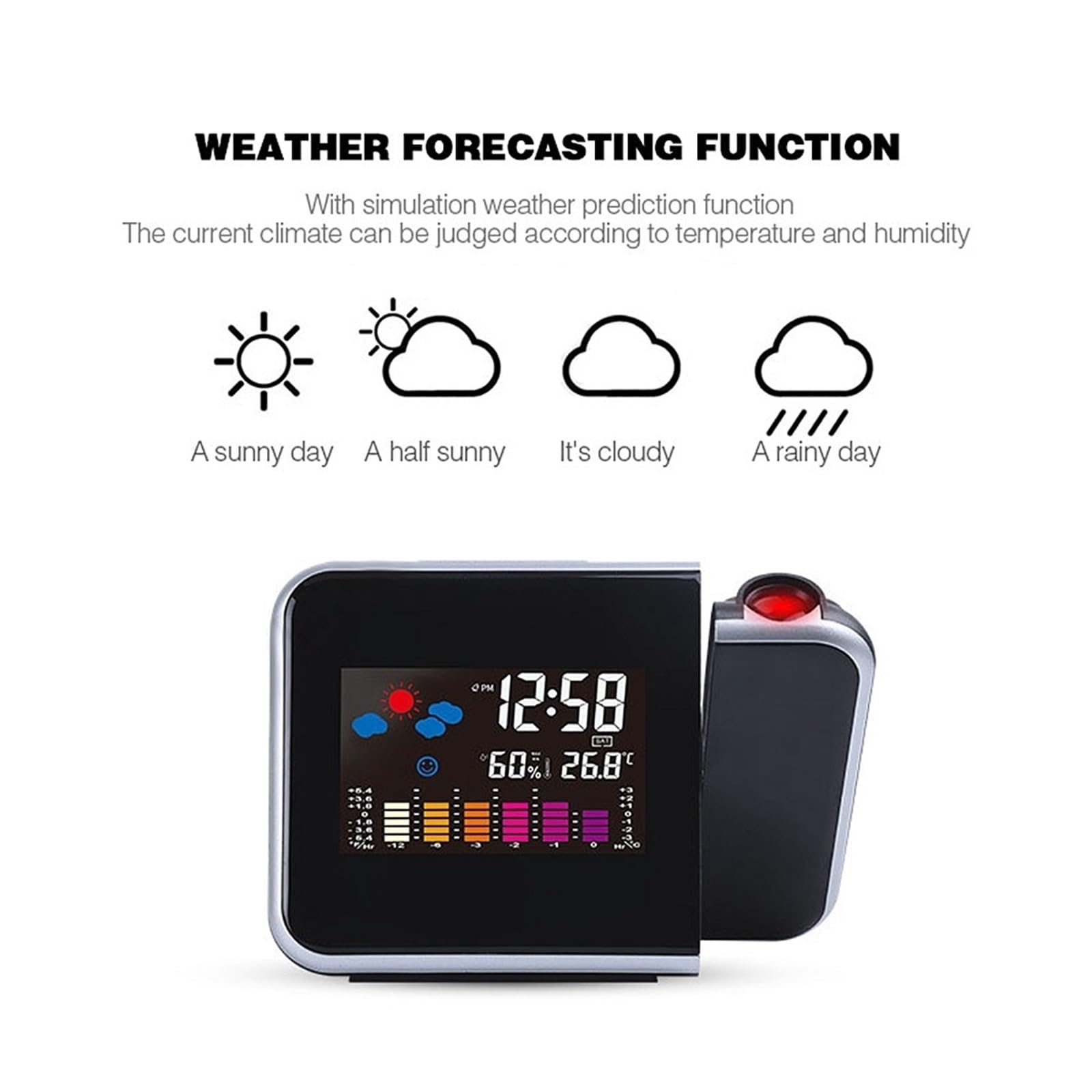 Proyector LCD Reloj Despertador Digital Temperatura Humedad Escritorio Sincronización Fecha Calendario Pantalla LED con Retroiluminación ProyeccióN Clara(Black)
