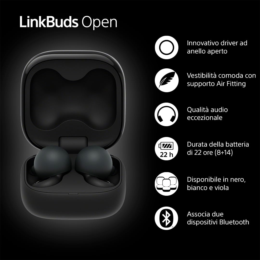Sony LinkBuds Open Cuffie Bluetooth True Wireless Aperte IPX4 Multipoint Nero