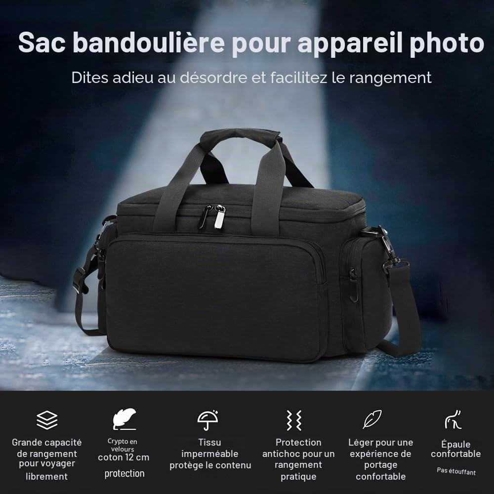 Andoer Sacoche pour appareil photo, sac à bandoulière pour appareil photo de voyage, sacoche pour appareil photo reflex imperméable et résistant aux chocs avec cloisons amovibles et bandoulière