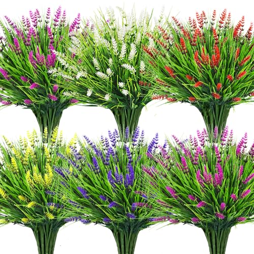 Image of Bassion 24 Bundles Fake Lavender Artificial Flowers for Outdoors, Mixed | UV resistant, plastic lavender with monkey grass, faux plants, home porch garden window box outdoor indoor decorations