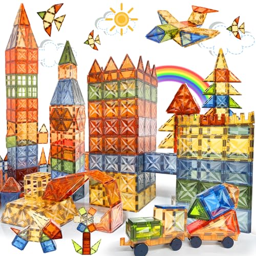 Image of HarworLife 120 PCS Magnetic Tiles, Diamond Magnet Tiles with 2 Cars Magnetic Blocks STEM Toys 3D Kids Preschool Educational Sensory Toys Gift for Toddlers Kids Boys Ages 3 4 5 6 7 8 9+ Year Old