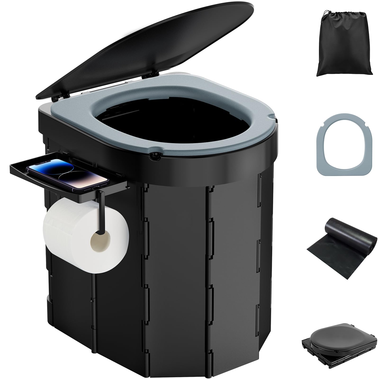 WADEO Inodoro portátil de camping y para coche con cómodo asiento de EVA, inodoro plegable para adultos, cubo higiénico con tapa integrada, portarrollos, soporte para el móvil y 20 bolsas