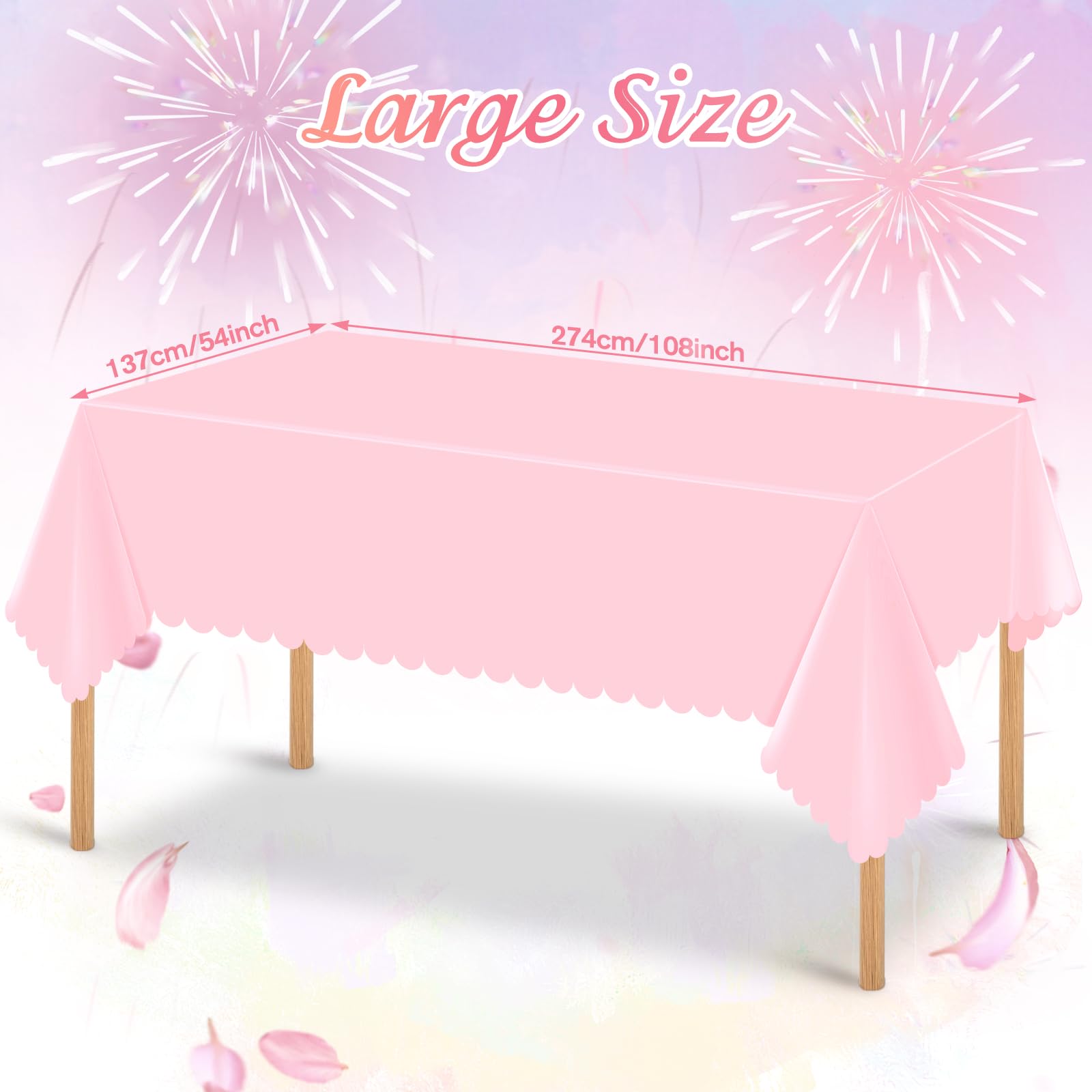 Paquete de 6 manteles de plástico rosa para mesas rectangulares, manteles desechables con borde festoneado, impermeables, para cumpleaños, novia, boda, baby shower, 54 x 108 pulgadas (rosa claro