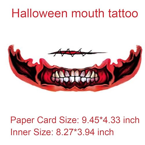 Miniatura 6 de Day of the Dead Kids Clown Horror Mouth - Calcomanías de tatuaje falsas para la cara, 12 unidades, maquillaje de broma de Halloween, tatuaje