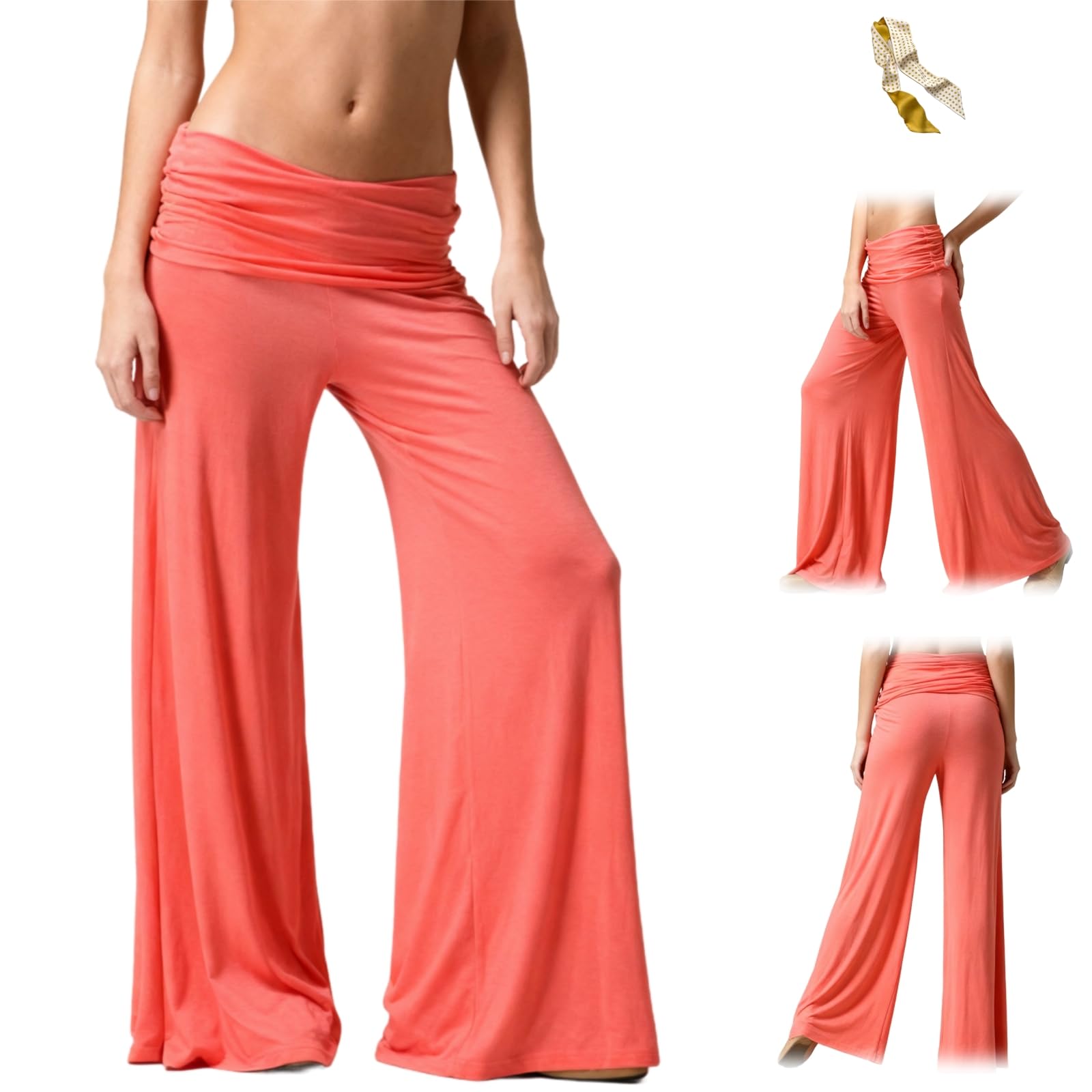 Women's Coral Fold Over Yoga Pants,On-Trend Solid Wide Leg Loose Fit Lounge Pants,Sports Flare Pants with Ruched Waist