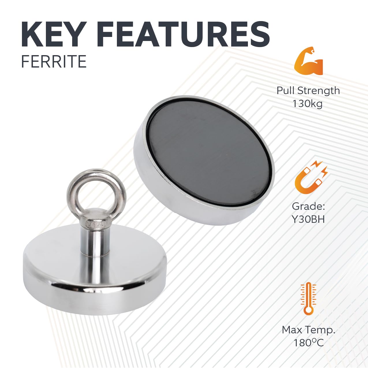 Magnete Di Recupero Della Ferrite Con Eyebolt M14 Per Pesca A Magnete, Recupero E Caccia Al Tesoro - 125mm Dia x 100mm Di Altezza - 130kg