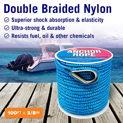 Image of Better Boat Premium Anchor Rope, 100 Ft Double Braided White Nylon Marine | Line, Reflective 3 /8 Inch Reel for Anchors and Boats, Blue
