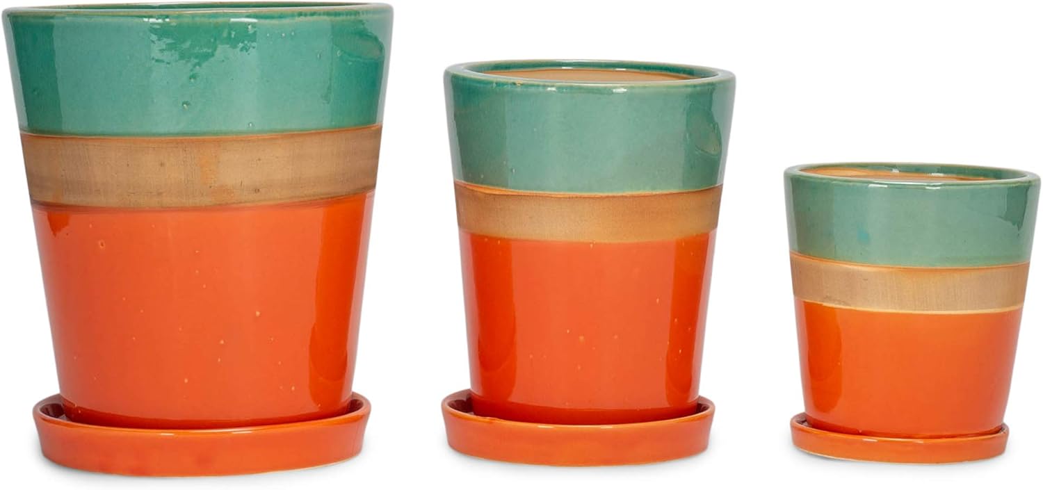 Napco Imports Vivid Turquoise and Orange 8 Inch Ceramic Indoor Outdoor Flower Pot Planter Set of 3